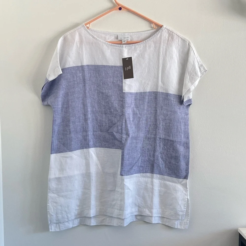PURE JILL Top - White Linen Short Sleeve Pullover, Blue Color Block, Small‎ - Picture 2 of 8